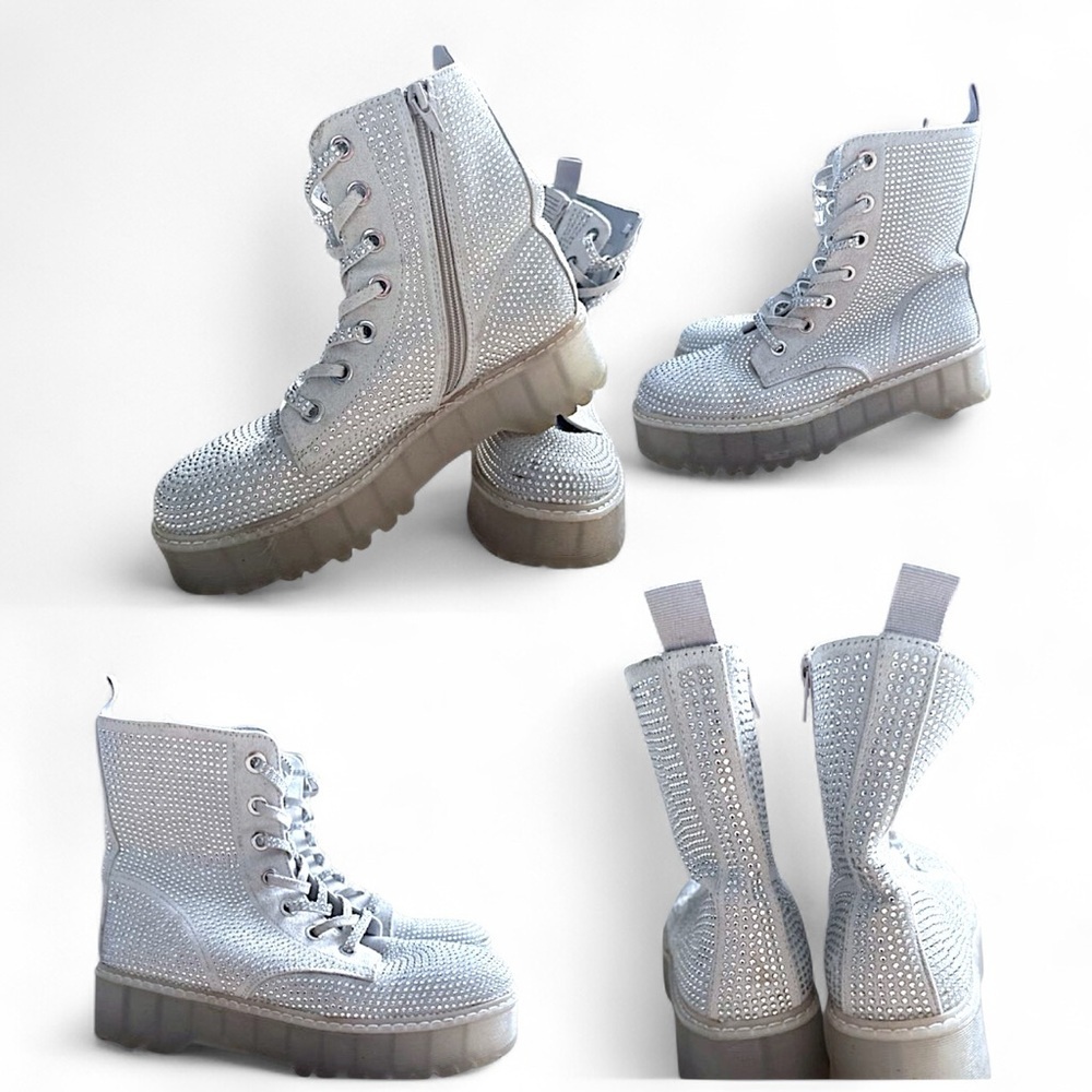 STEVE MADDEN Y2K Rhinestone Silver Glitter Platform Lug Sole Combat Boots